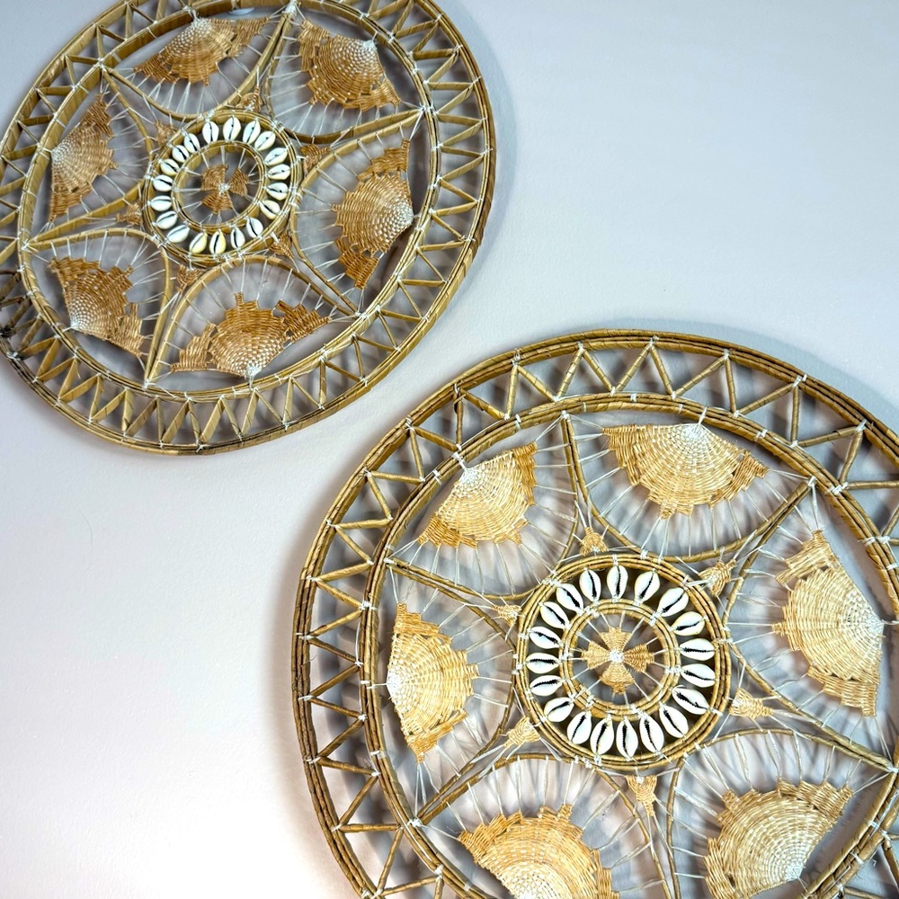 Vintage Woven Round Star Cowrie Shell Boho Wall Hanging Medallion Set of 2